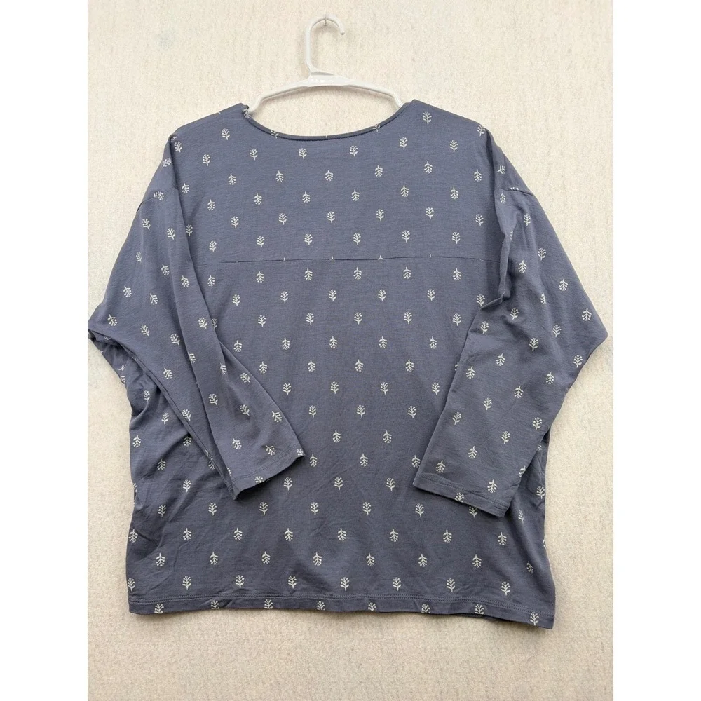 Garnet Hill Womens Blue Tencel Spandex V-Neck Sprig Print 3/4 Sleeve Top Medium